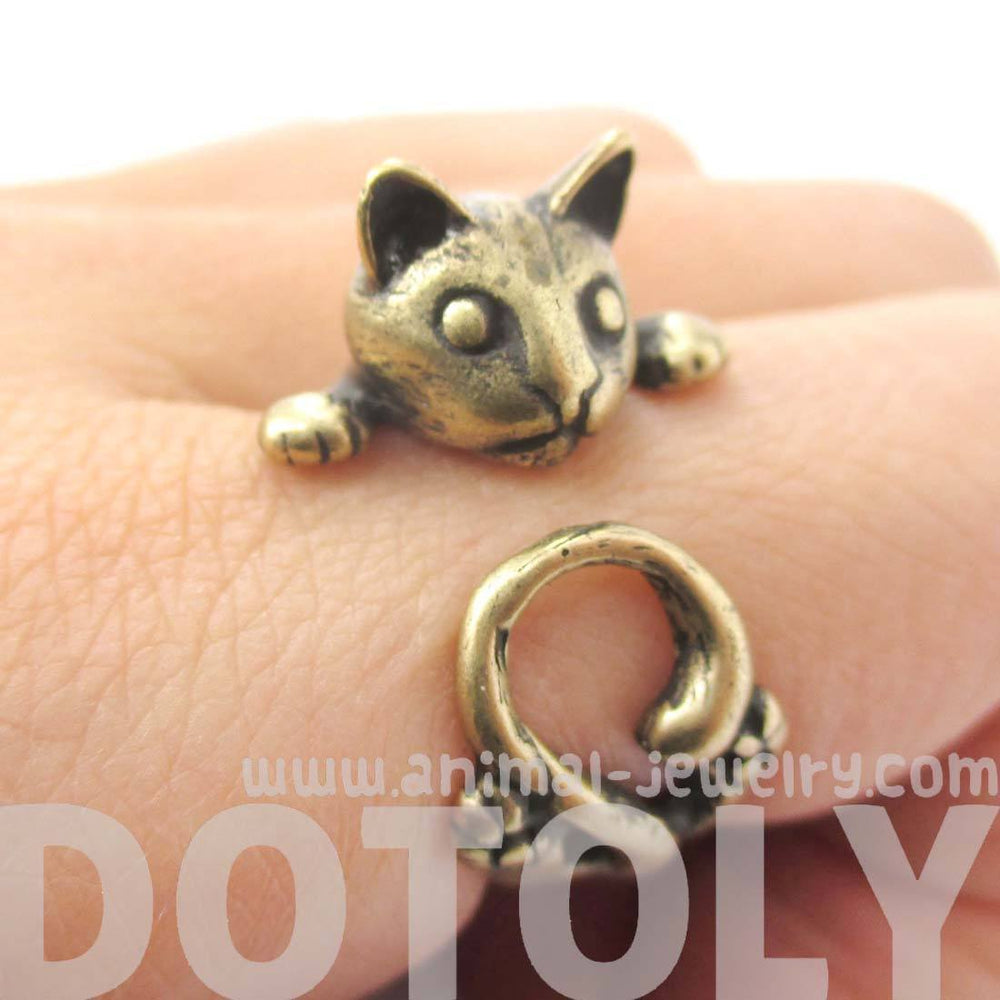 Creepy Kitty Cat Shaped Animal Wrap Around Ring in Brass | DOTOLY