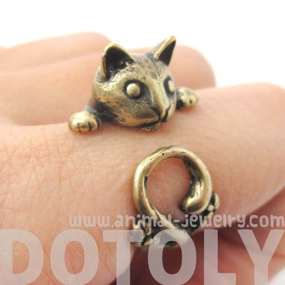 Creepy Kitty Cat Shaped Animal Wrap Around Ring in Brass | DOTOLY