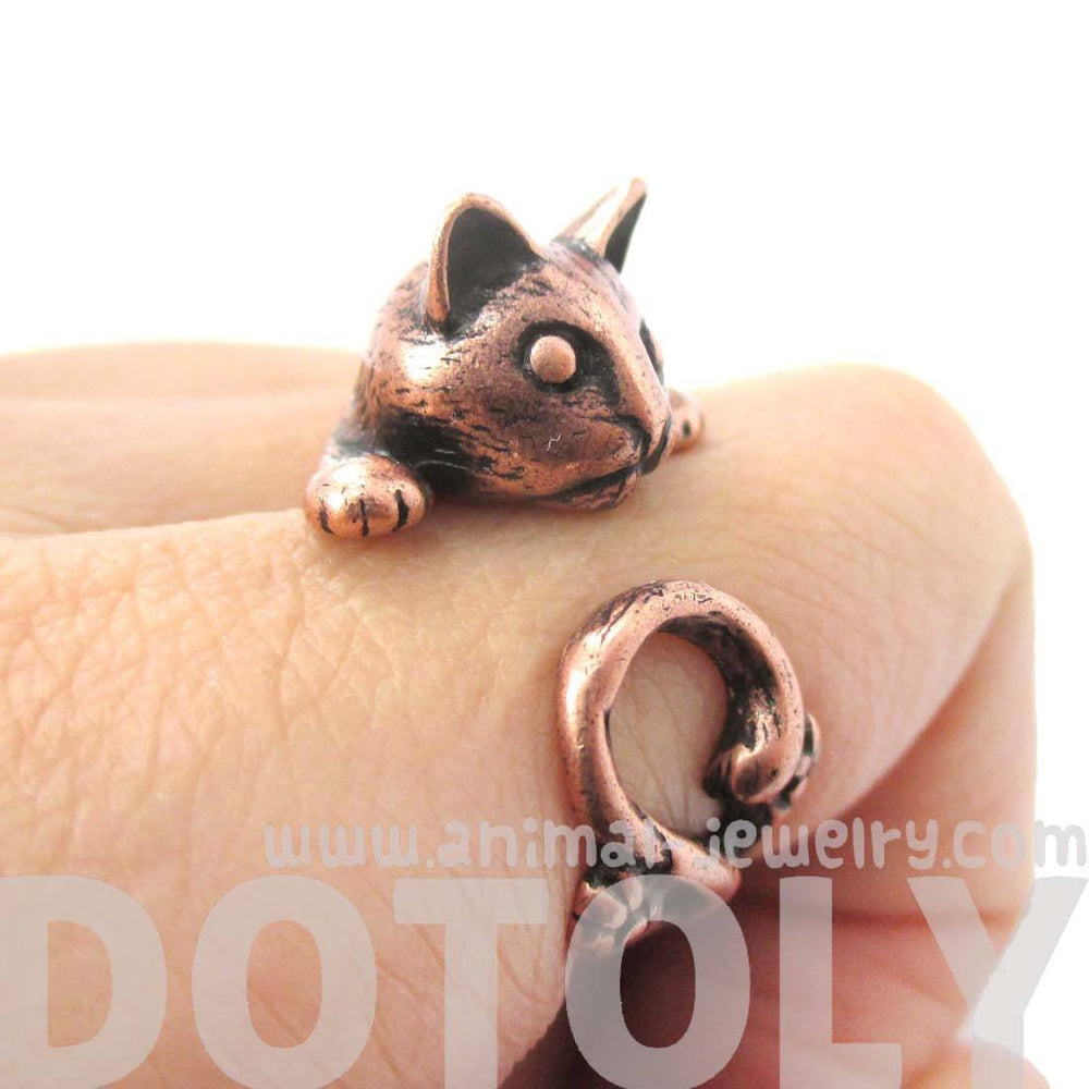 Creepy Kitty Cat Shaped Animal Wrap Around Ring in Copper | DOTOLY