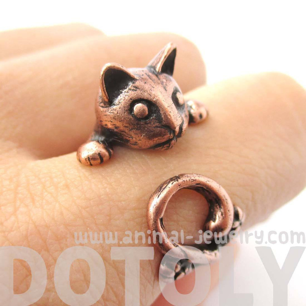 Creepy Kitty Cat Shaped Animal Wrap Around Ring in Copper | DOTOLY