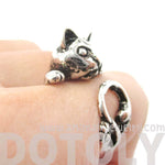 Creepy Kitty Cat Shaped Animal Wrap Around Ring in Shiny Silver