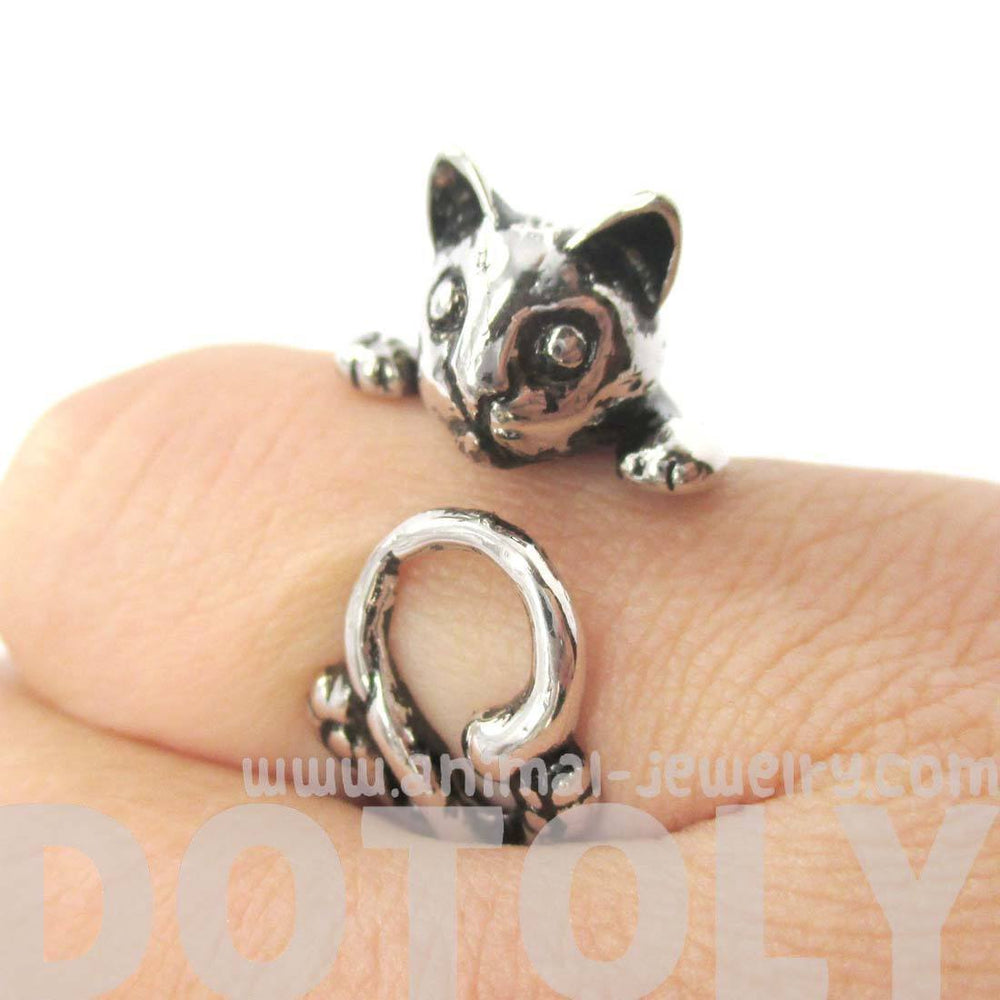 Creepy Kitty Cat Shaped Animal Wrap Around Ring in Shiny Silver