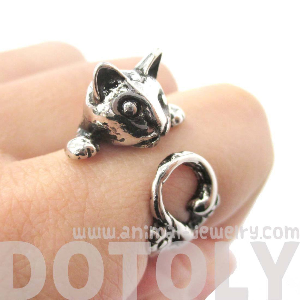 Creepy Kitty Cat Shaped Animal Wrap Around Ring in Shiny Silver