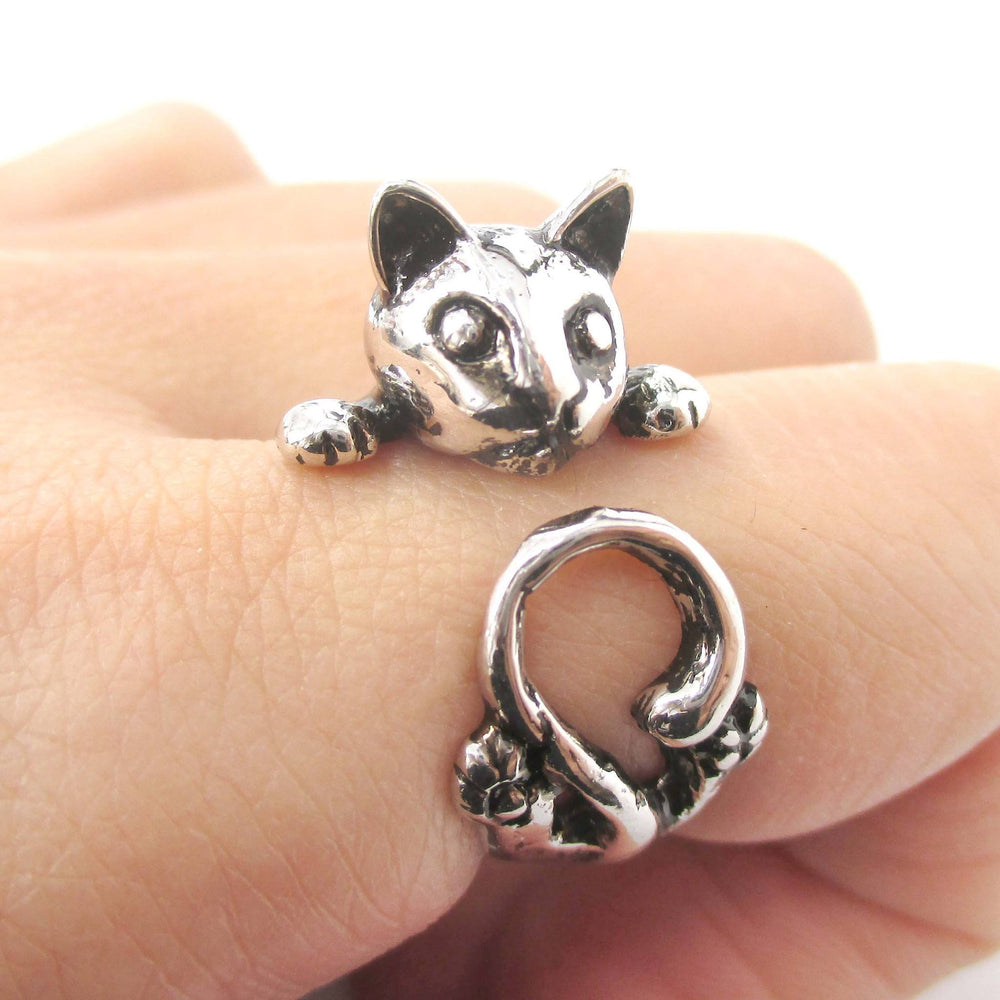 Creepy Kitty Cat Shaped Animal Wrap Around Ring in Shiny Silver