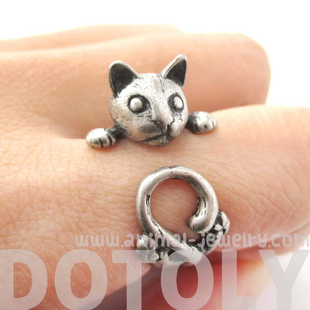 Creepy Kitty Cat Shaped Animal Wrap Around Ring in Silver | DOTOLY