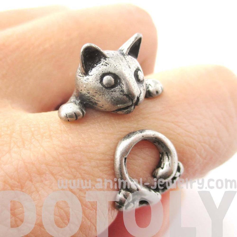 Creepy Kitty Cat Shaped Animal Wrap Around Ring in Silver | DOTOLY