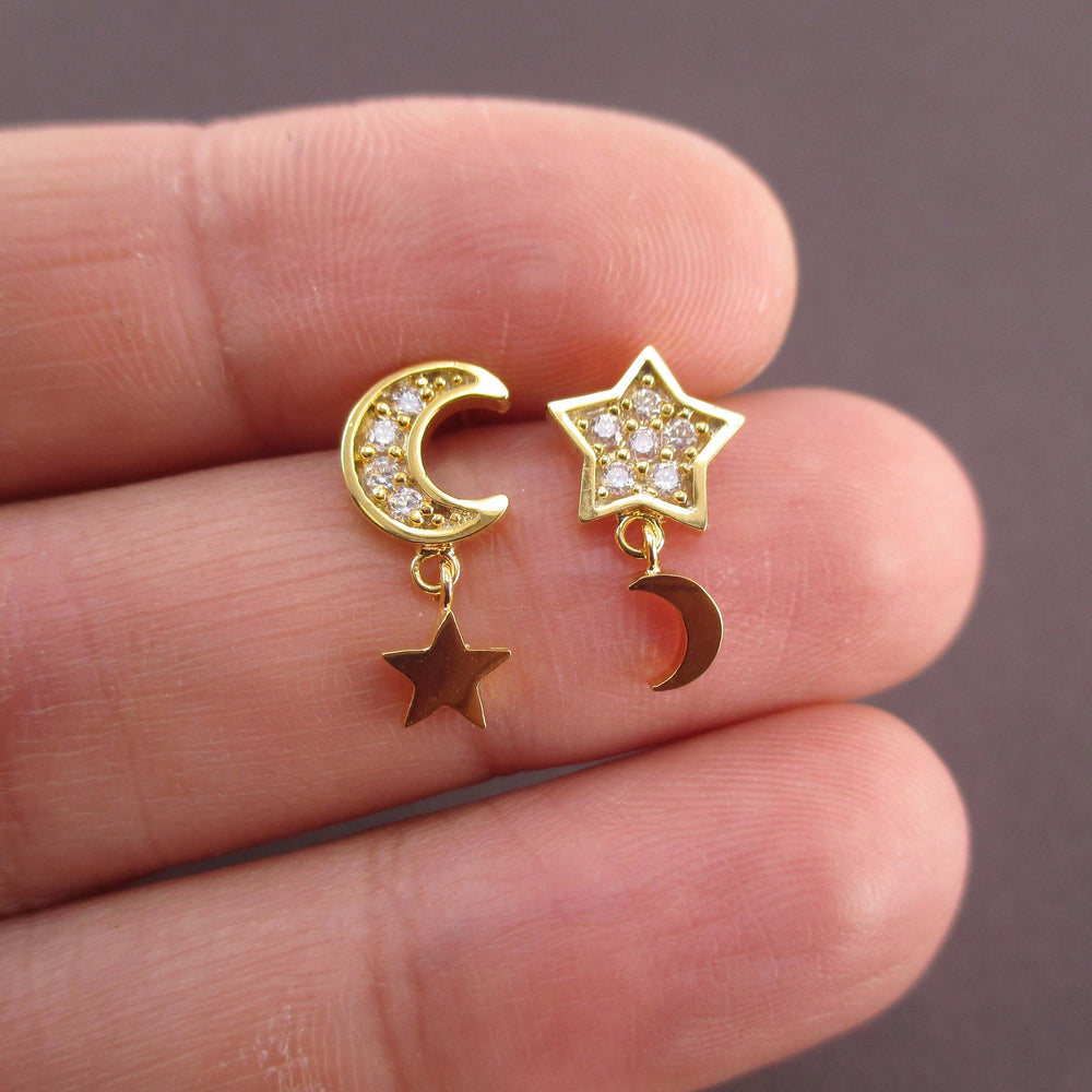 Crescent Moon and Stars Shaped Celestial Space Themed Stud Earrings in Gold