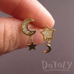 Crescent Moon and Stars Shaped Celestial Space Themed Stud Earrings in Gold