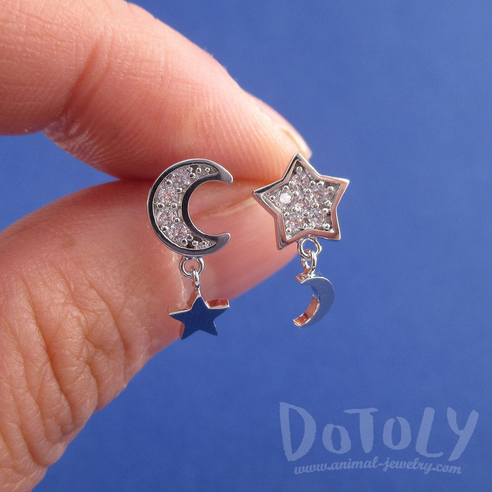 Crescent Moon and Stars Shaped Celestial Space Stud Earrings in Silver