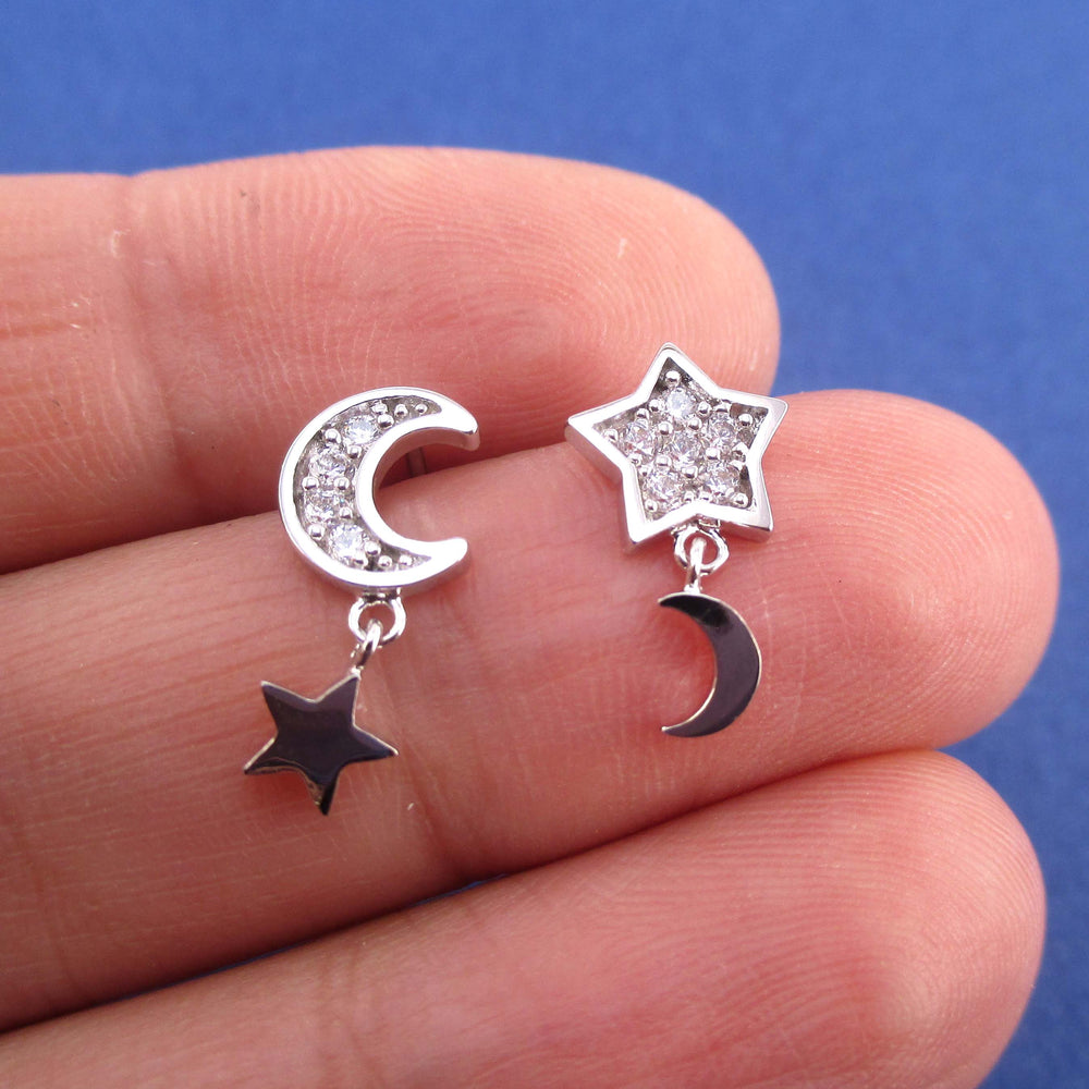 Crescent Moon and Stars Shaped Celestial Space Stud Earrings in Silver