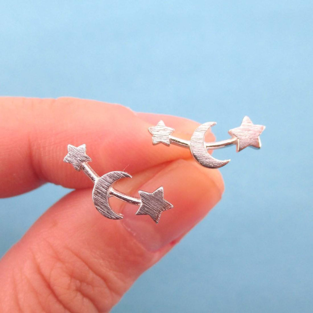 Crescent Moon and Stars Stud Earrings in Silver | Allergy Free