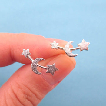 Crescent Moon and Stars Stud Earrings in Silver | Allergy Free