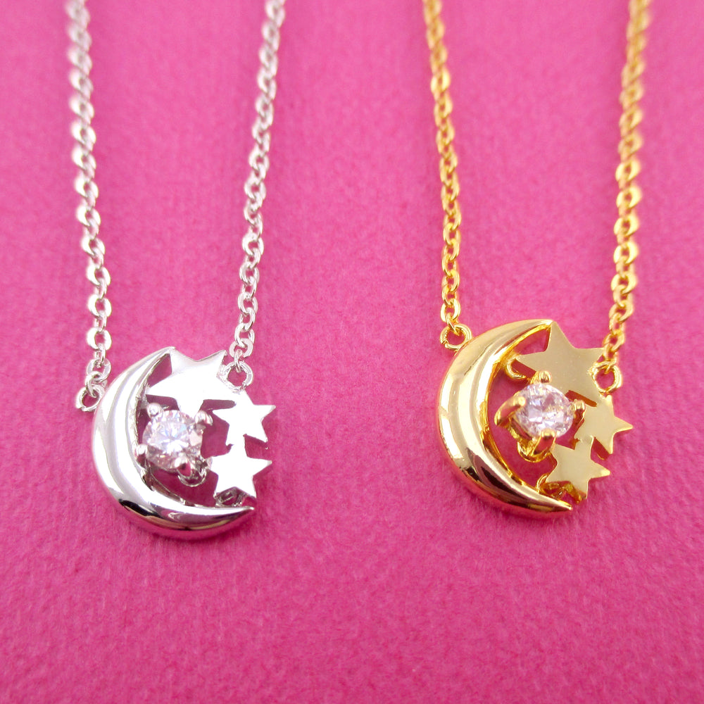 Crescent Moon and Tiny Stars Shaped Pendant Necklace in Gold or Silver