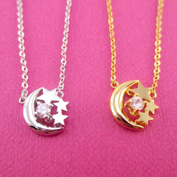 Crescent Moon and Tiny Stars Shaped Pendant Necklace in Gold or Silver