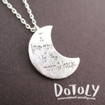 Crescent Moon Shaped I Love You To the Moon & Back Quote Pendant Necklace in Silver | DOTOLY