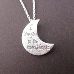 Crescent Moon Shaped I Love You To the Moon & Back Quote Pendant Necklace in Silver | DOTOLY