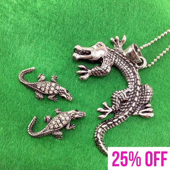 Crocodile Alligator Themed Necklace and Stud Earring Set in Silver
