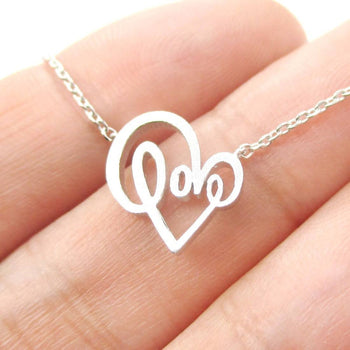 Cursive Love Typography Forming A Heart Shaped Silver Charm Necklace