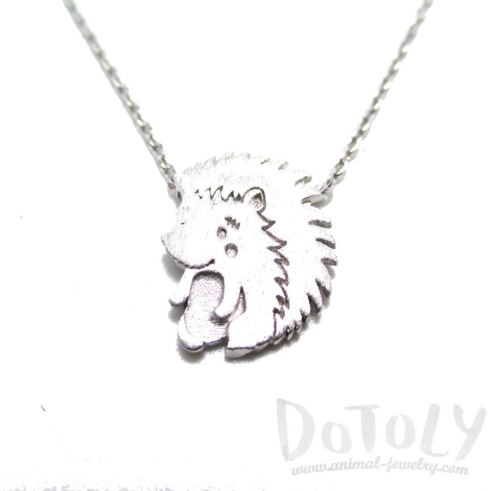 3D Hedgehog Porcupine Animal Pendant Necklace in Silver