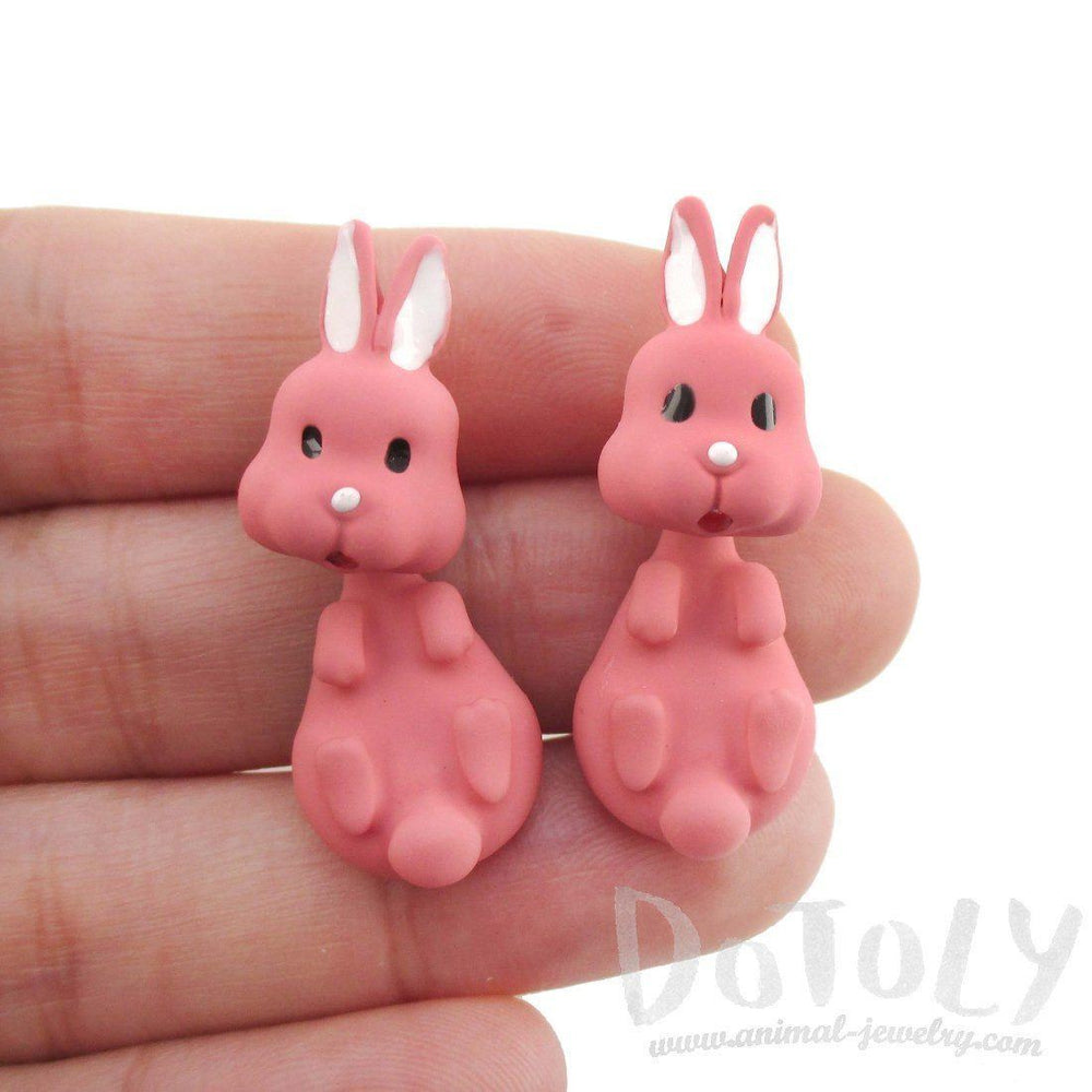 3D Bunny Rabbit Shaped Two Part Stud Earrings in Pink