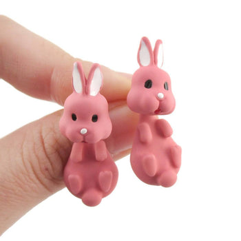 3D Bunny Rabbit Shaped Two Part Stud Earrings in Pink