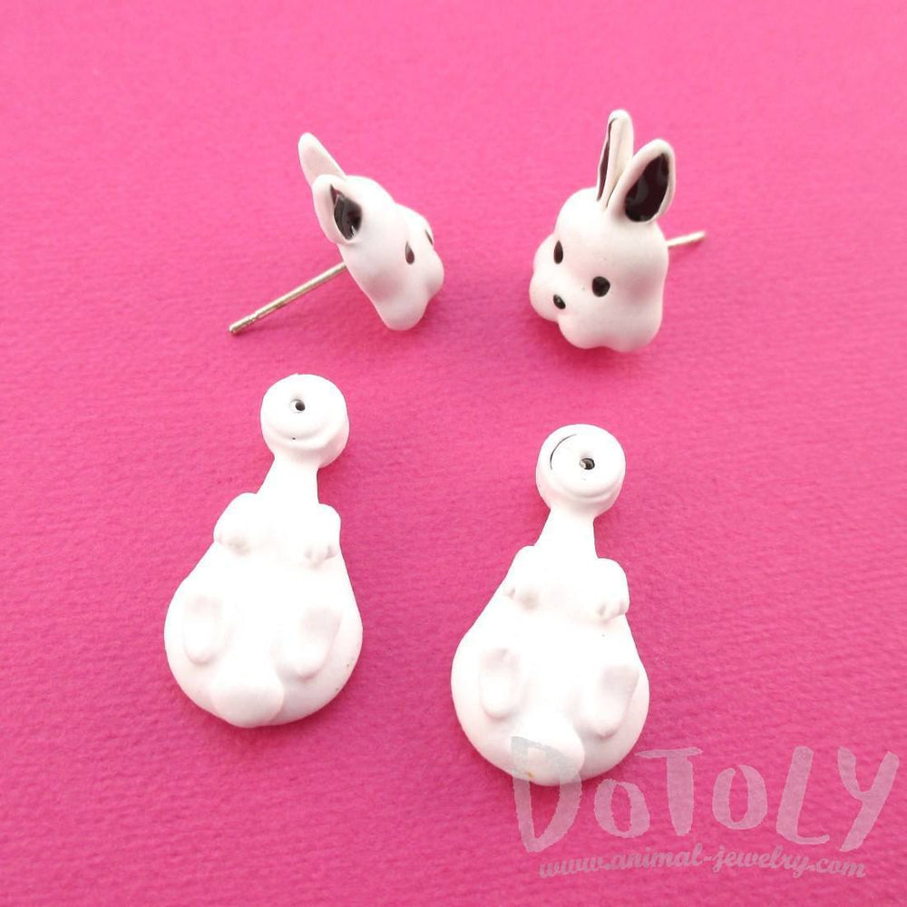 3D Bunny Rabbit Shaped Two Part Stud Earrings in White