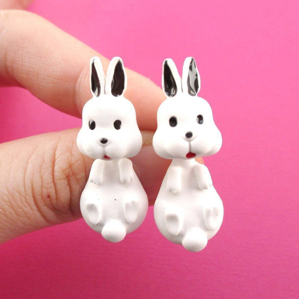 3D Bunny Rabbit Shaped Two Part Stud Earrings in White