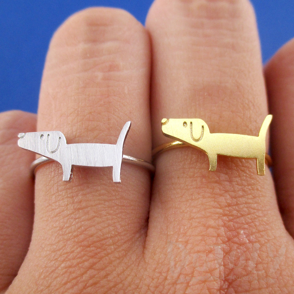 Cute Dachshund Wiener Dog Shaped Adjustable Ring in Silver or Gold