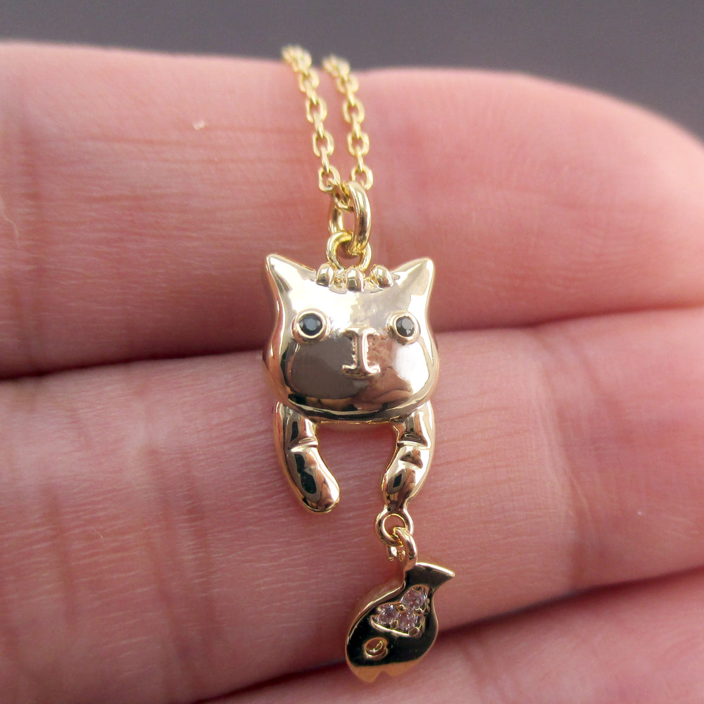 Cute Dangling Kitty Cat and Tiny Fish Shaped Charm Necklace