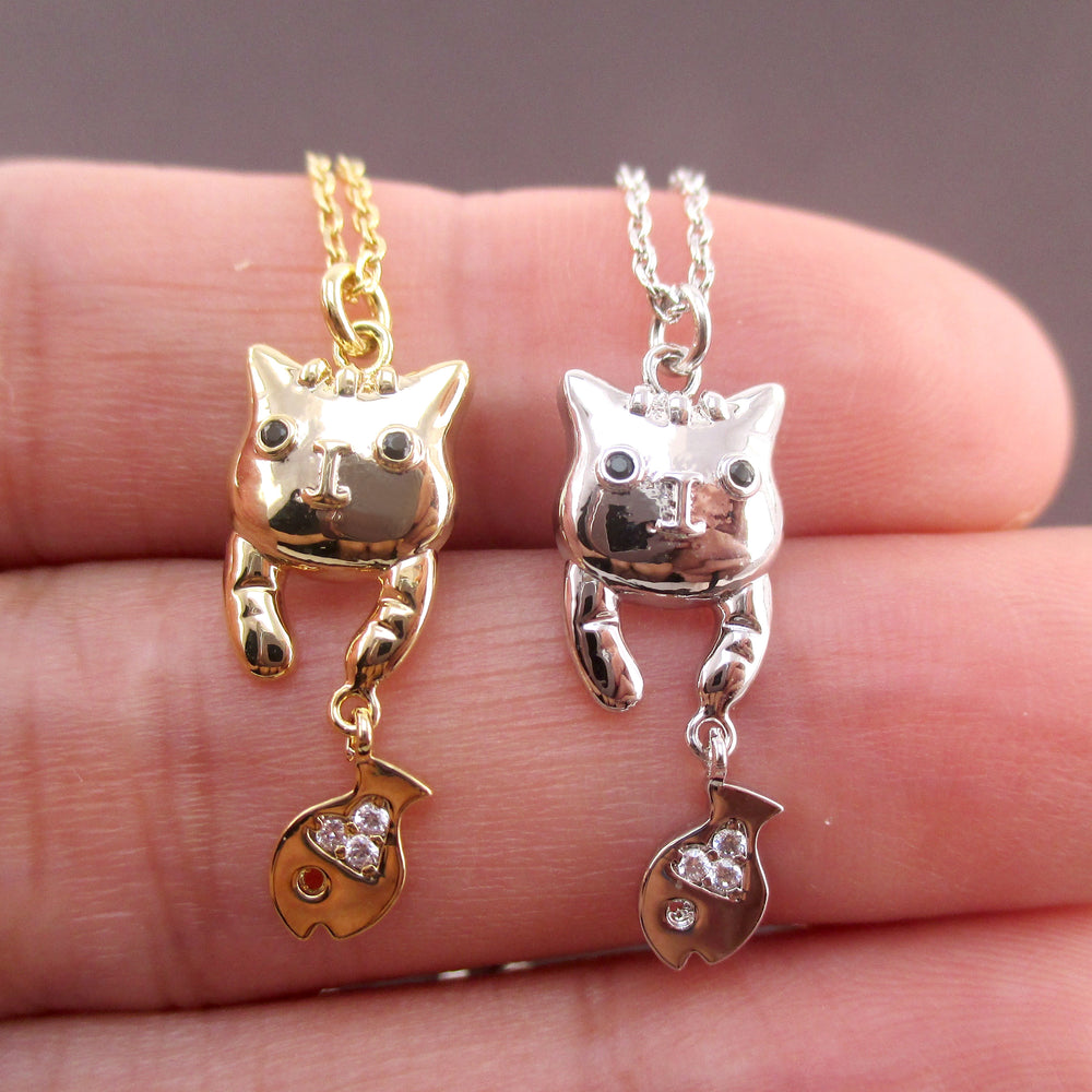Cute Dangling Kitty Cat and Tiny Fish Shaped Charm Necklace