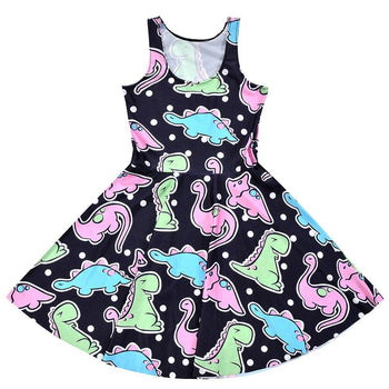 Cute Dinosaurs and Polka Dot All Over Print Sleeveless Skater Dress