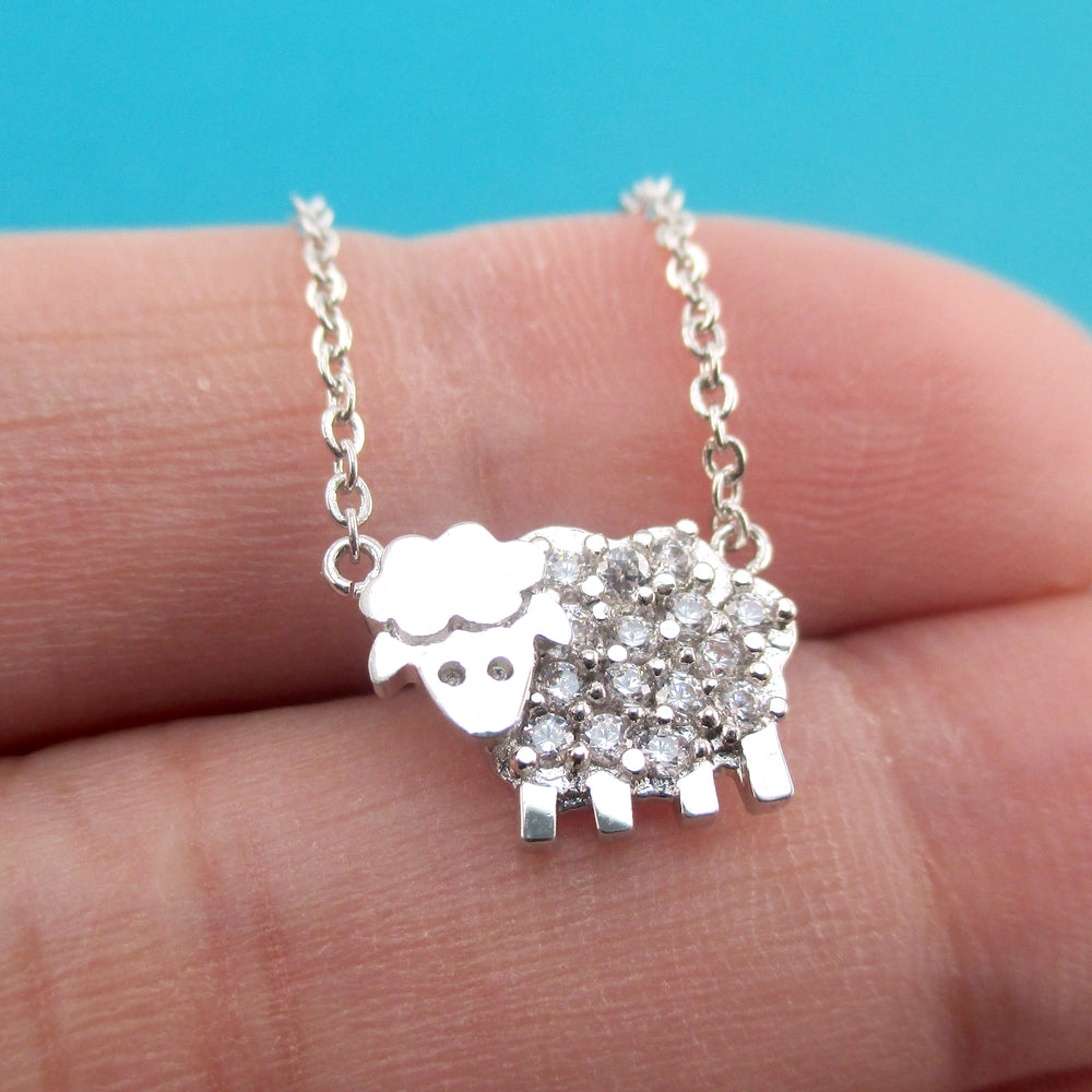Cute Fluffy Rhinestone Sheep Shaped Pendant Necklace in Silver