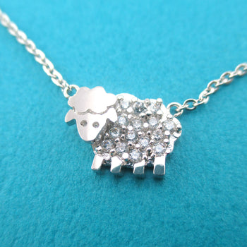 Cute Fluffy Rhinestone Sheep Shaped Pendant Necklace in Silver