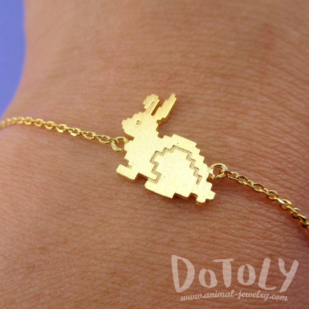 Cute Little Pixel Bunny Shaped Charm Bracelet in Gold | Animal Jewelry
