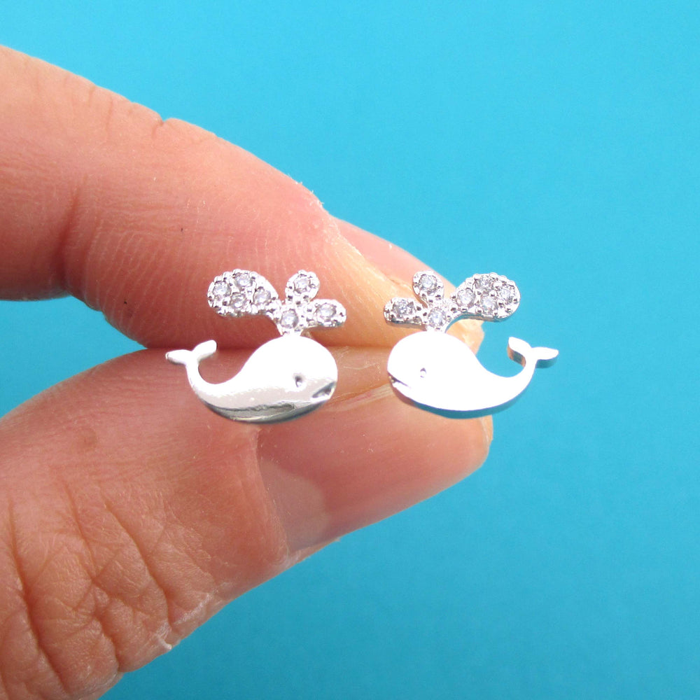 Cute Tiny Whale Aquatic Marine Animal Shaped Rhinestone Stud Earrings