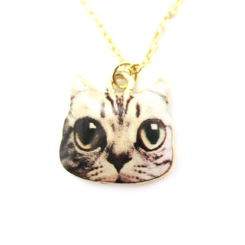 Cute Manx Kitty Cat Face Shaped Charm Necklace