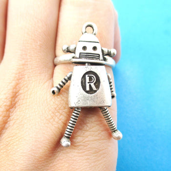 Cute Miniature Robot Shaped Adjustable Ring in Silver