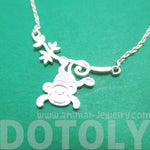 Silver Monkey Chimpanzee Dangling From Branch Necklace