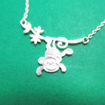 Silver Monkey Chimpanzee Dangling From Branch Necklace