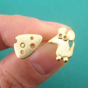 Cute Mouse and Swiss Cheese Shaped Stud Earrings