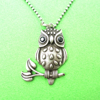 Owl On A Branch Bird Shaped Animal Pendant Necklace in Silver