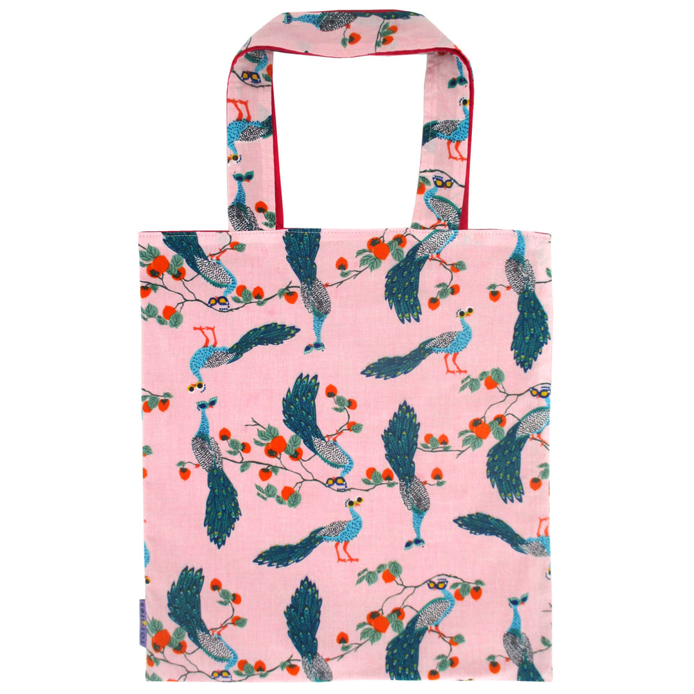 Pretty Pink Peacock All Over Print Cotton Reversible Tote Bags for Women