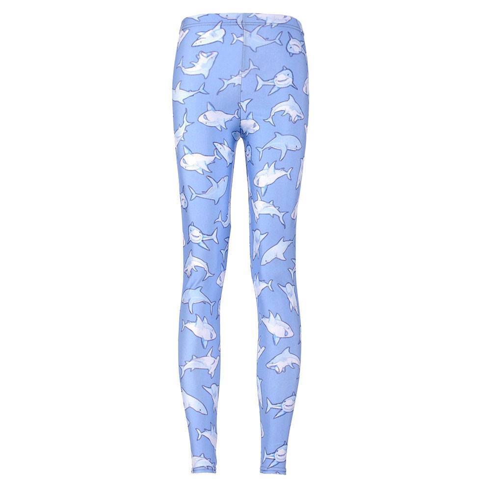 Cute Sharks All Over Print Stretch Leggings for Women in Blue