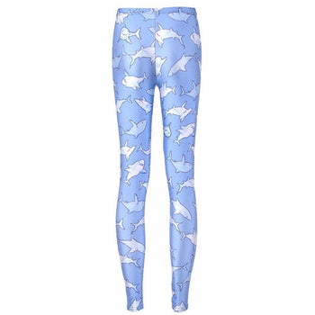 Cute Sharks All Over Print Stretch Leggings for Women in Blue | DOTOLY