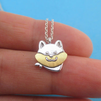 Shiba Inu Akita Wearing a Bandana Shaped Pendant Necklace in Silver