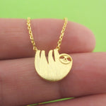 Cute Smiley Dangling Sloth Shaped Animal Inspired Pendant Necklace in Gold