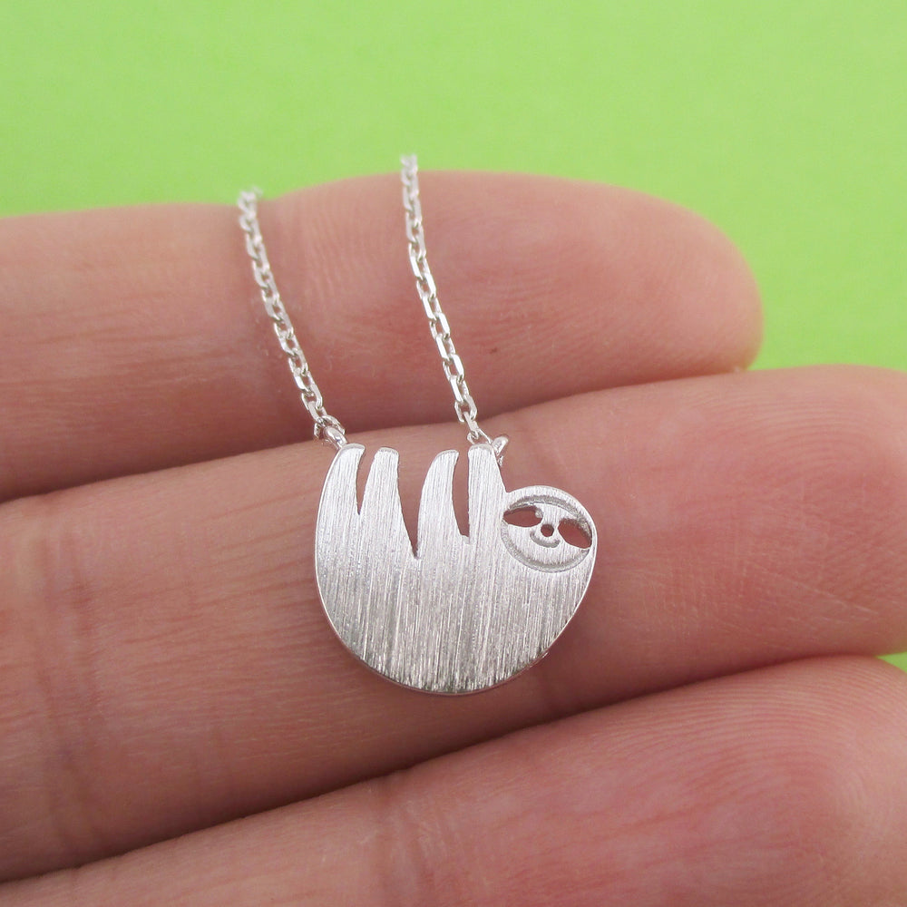 Cute Smiley Dangling Sloth Shaped Animal Inspired Pendant Necklace in Silver