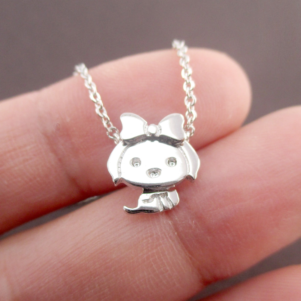 Cute Teacup Puppy with Bow Tie Shaped Pendant Necklace in Silver