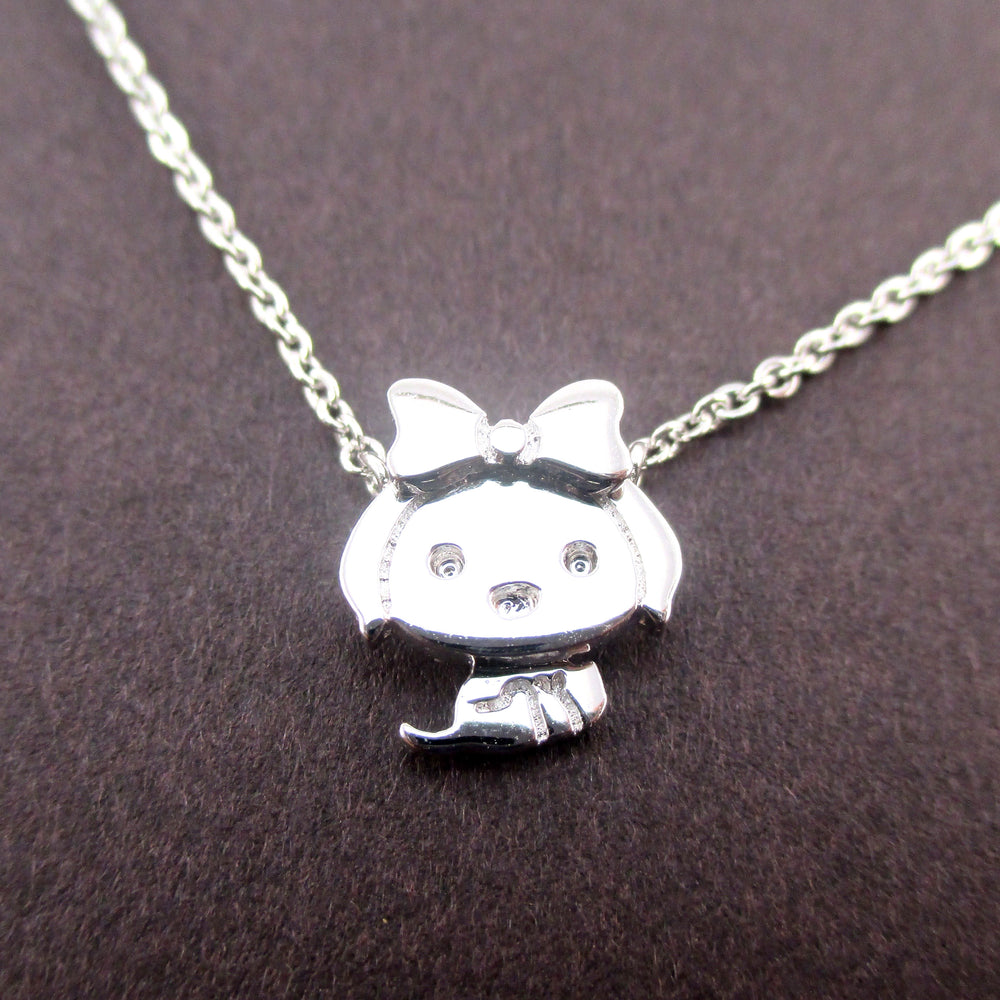 Cute Teacup Puppy with Bow Tie Shaped Pendant Necklace in Silver