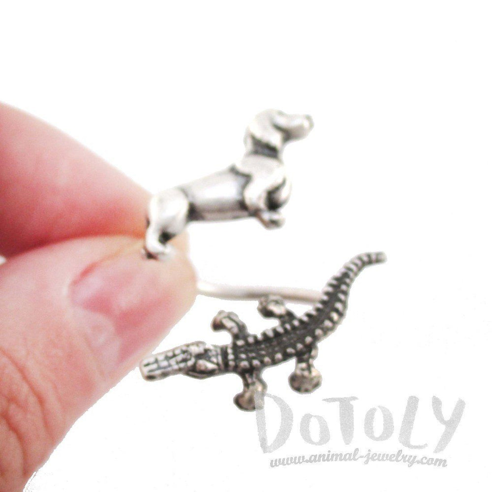 Dachshund and Crocodile Adjustable Wire Wrap Ring in Silver | DOTOLY